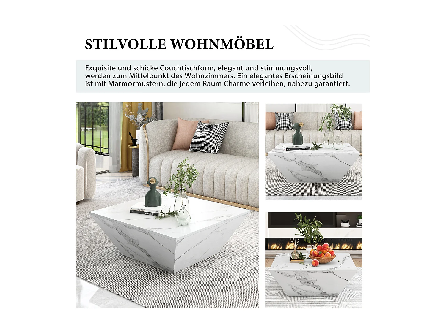 Table basse brillant Trapèze, avec plateau aspect marbre, 2 tiroirs, Table de salon, 70 x 70 x 37 cm - Blanc