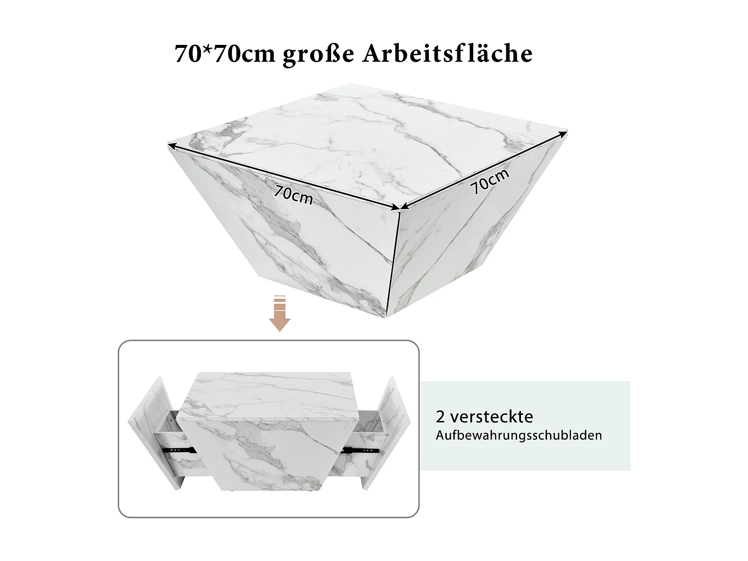 Table basse brillant Trapèze, avec plateau aspect marbre, 2 tiroirs, Table de salon, 70 x 70 x 37 cm - Blanc