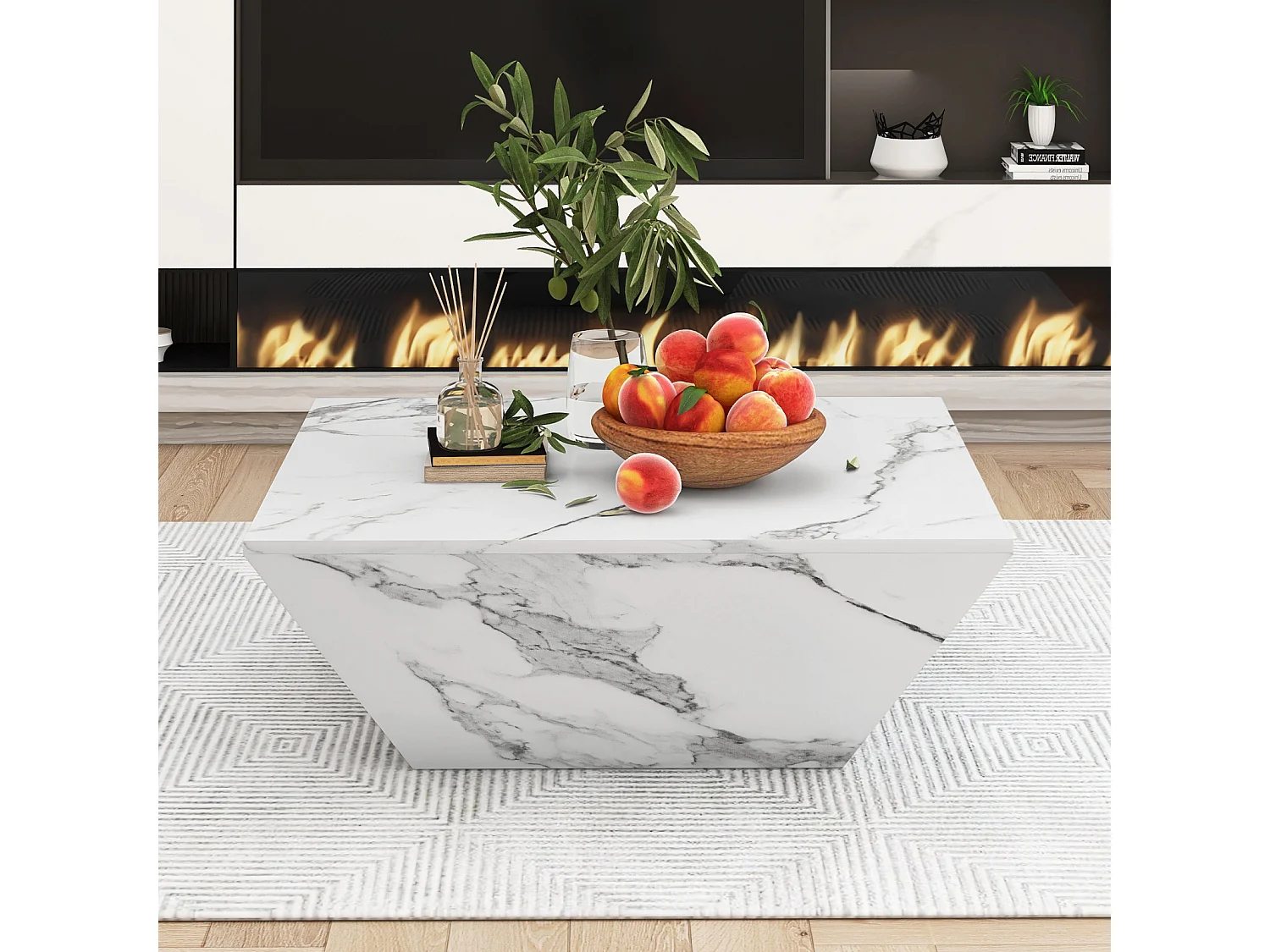 Table basse brillant Trapèze, avec plateau aspect marbre, 2 tiroirs, Table de salon, 70 x 70 x 37 cm - Blanc