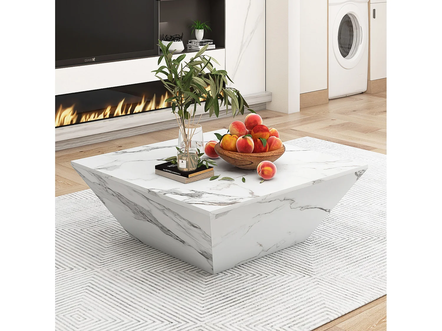 Table basse brillant Trapèze, avec plateau aspect marbre, 2 tiroirs, Table de salon, 70 x 70 x 37 cm - Blanc