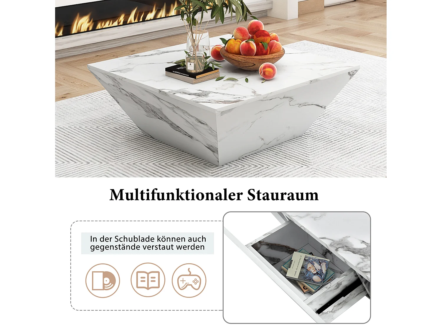 Table basse brillant Trapèze, avec plateau aspect marbre, 2 tiroirs, Table de salon, 70 x 70 x 37 cm - Blanc