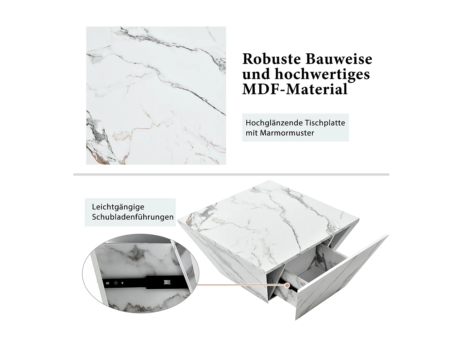 Table basse brillant Trapèze, avec plateau aspect marbre, 2 tiroirs, Table de salon, 70 x 70 x 37 cm - Blanc