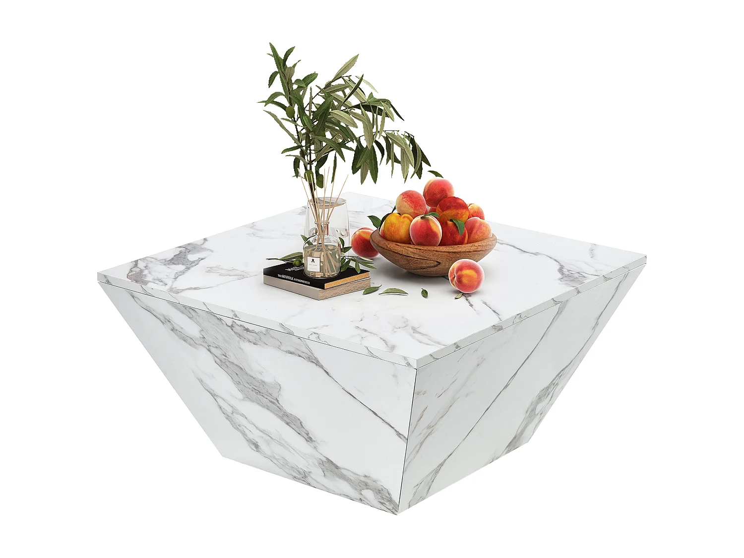 Table basse brillant Trapèze, avec plateau aspect marbre, 2 tiroirs, Table de salon, 70 x 70 x 37 cm - Blanc