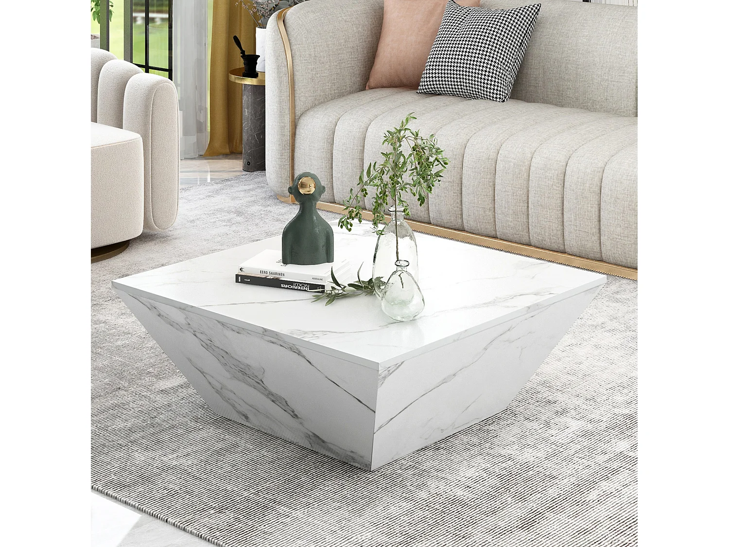 Table basse brillant Trapèze, avec plateau aspect marbre, 2 tiroirs, Table de salon, 70 x 70 x 37 cm - Blanc