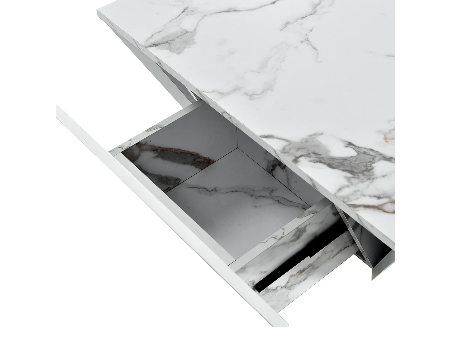 Table basse brillant Trapèze, avec plateau aspect marbre, 2 tiroirs, Table de salon, 70 x 70 x 37 cm - Blanc