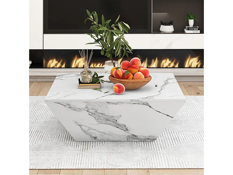 Table basse brillant Trapèze, avec plateau aspect marbre, 2 tiroirs, Table de salon, 70 x 70 x 37 cm - Blanc