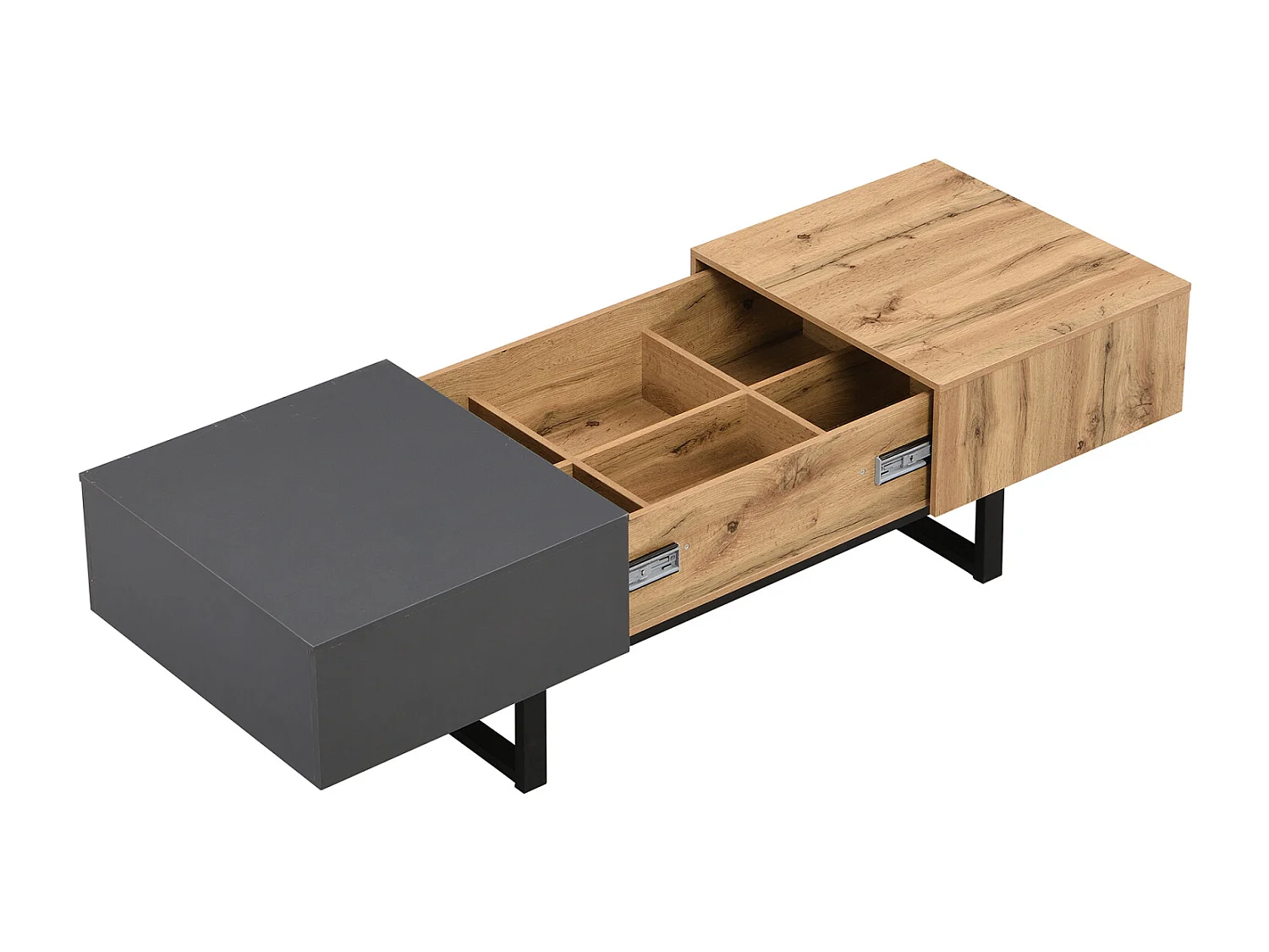 Table basse coulissante 100-155x55x40cm, avec rangement caché, , support en bois et métal, noir et naturel