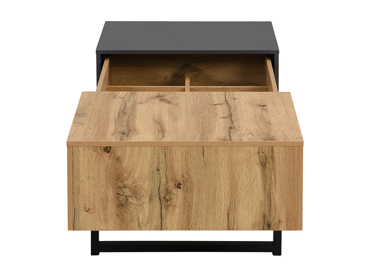 Table basse coulissante 100-155x55x40cm, avec rangement caché, , support en bois et métal, noir et naturel