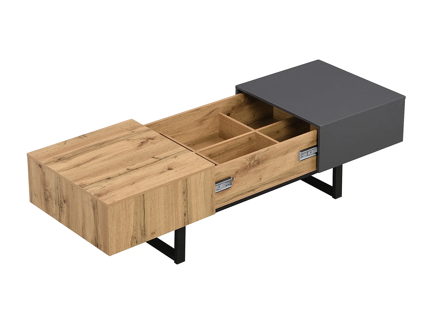 Table basse coulissante 100-155x55x40cm, avec rangement caché, , support en bois et métal, noir et naturel