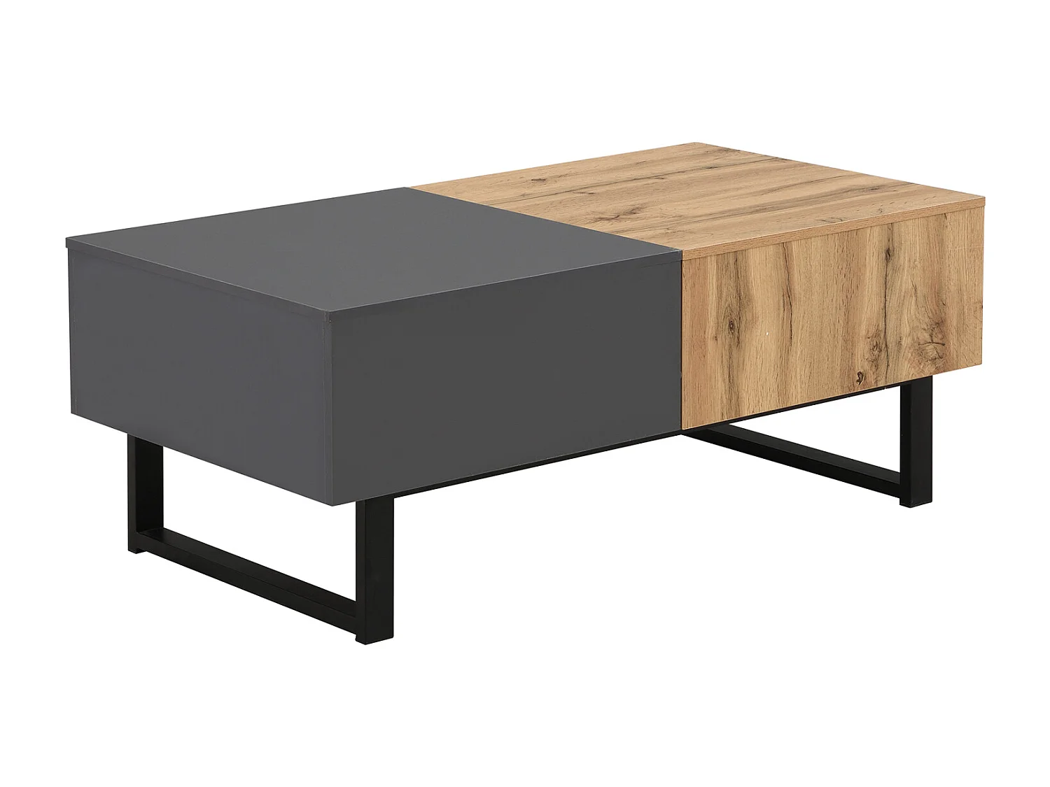 Table basse coulissante 100-155x55x40cm, avec rangement caché, , support en bois et métal, noir et naturel