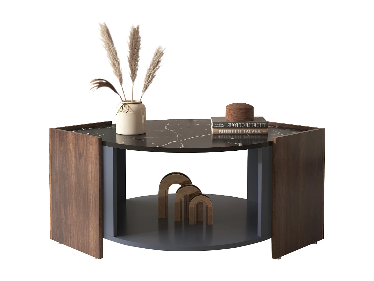 Mesa de centro 96,5x63x40cm, tampo em mármore, nogueira em cores contrastantes, mesa de sala com linhas únicas