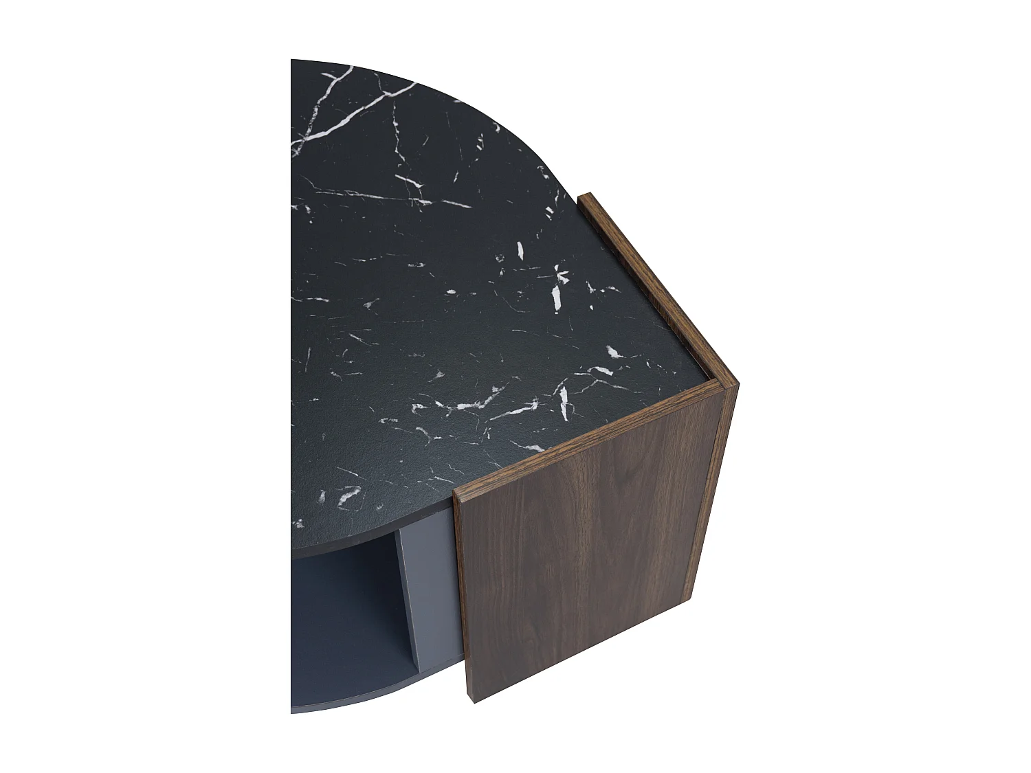 Mesa de centro 96,5x63x40cm, tampo em mármore, nogueira em cores contrastantes, mesa de sala com linhas únicas