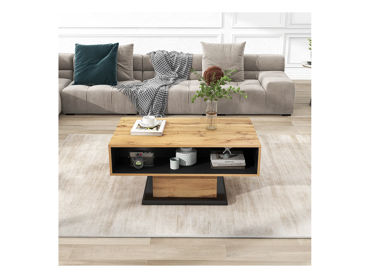 Couchtisch aus gemasertem Holz, mit 1 Schublade und Stauraum, 100x47x60cm, Eiche + Schwarzgrau