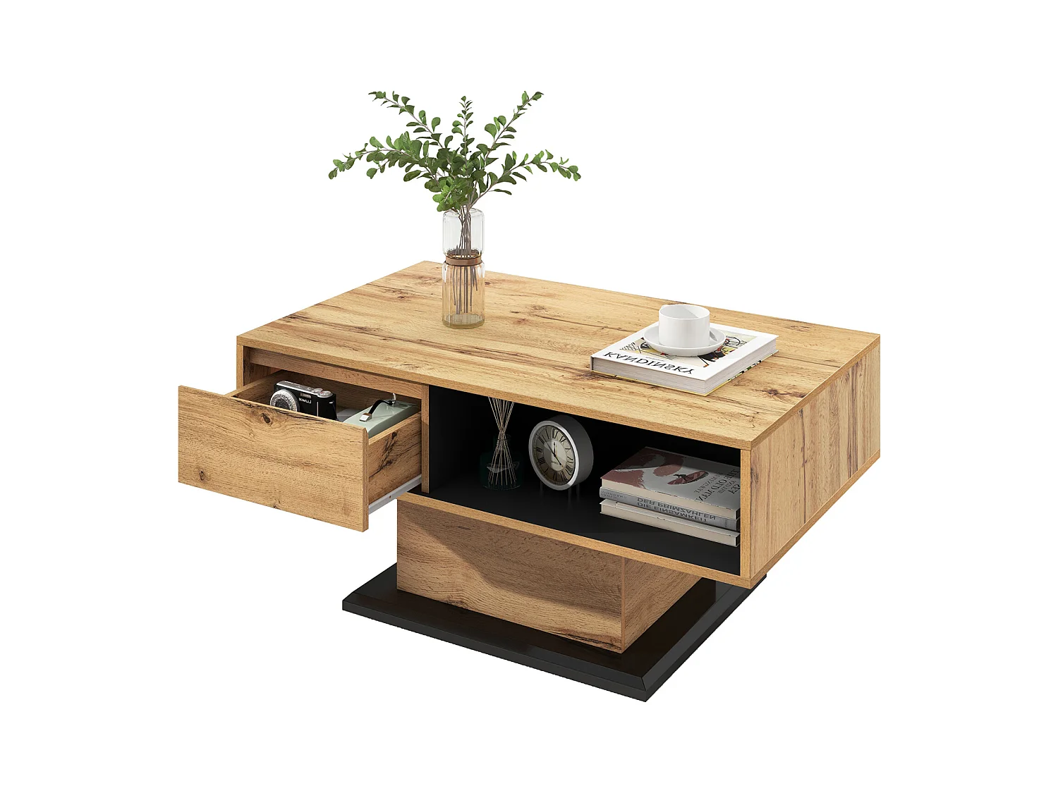 Couchtisch aus gemasertem Holz, mit 1 Schublade und Stauraum, 100x47x60cm, Eiche + Schwarzgrau