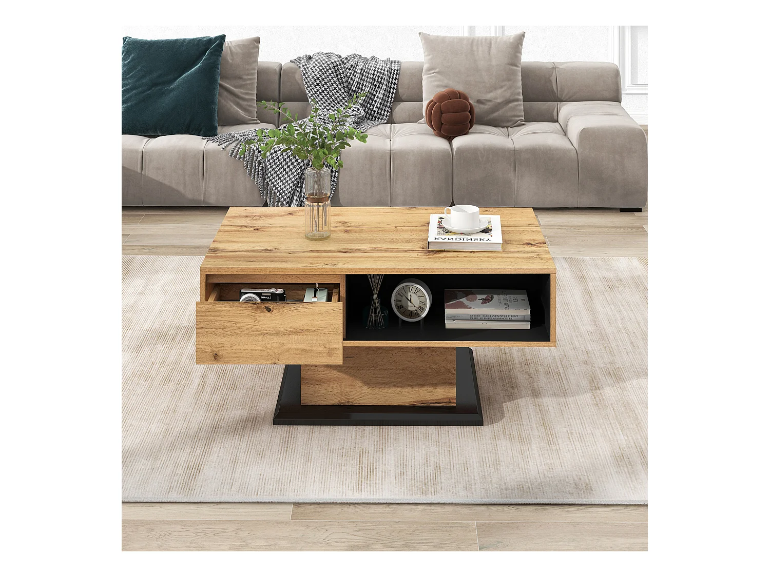 Couchtisch aus gemasertem Holz, mit 1 Schublade und Stauraum, 100x47x60cm, Eiche + Schwarzgrau