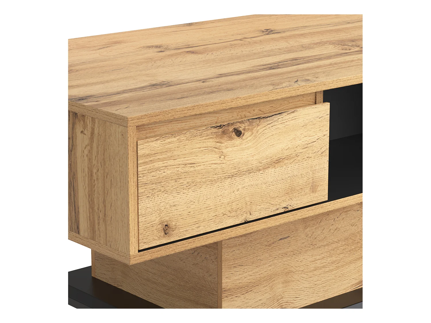 Couchtisch aus gemasertem Holz, mit 1 Schublade und Stauraum, 100x47x60cm, Eiche + Schwarzgrau