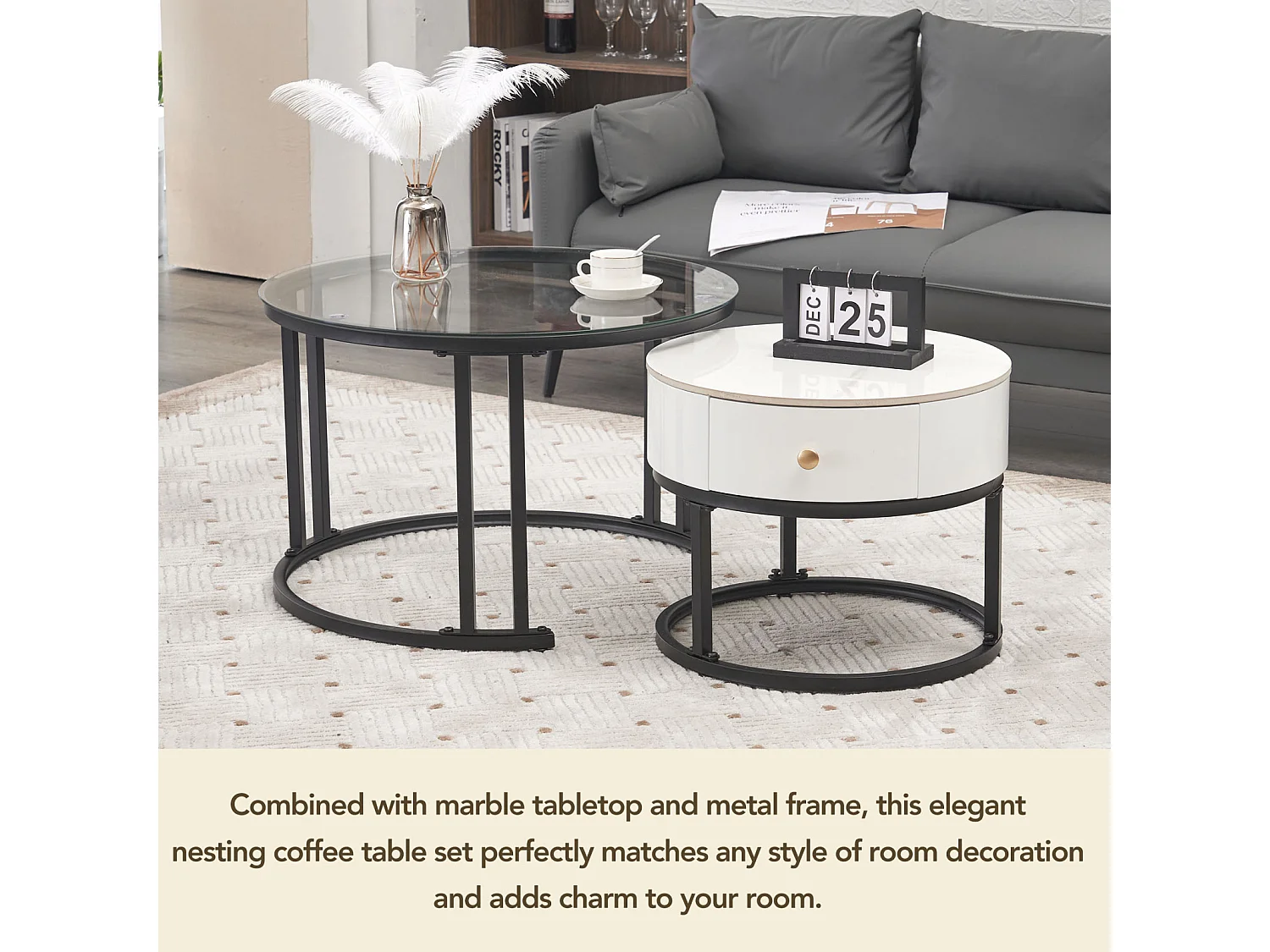 Set van 2 in elkaar passende salontafels - ronde tafel, zwart frame, glazen blad en wit gemarmerd leisteen met 1 lade - ø70x45,5+ø50x40cm