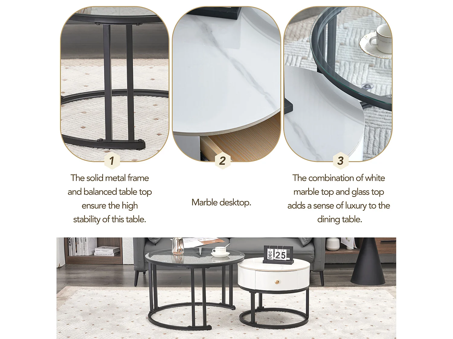 Set van 2 in elkaar passende salontafels - ronde tafel, zwart frame, glazen blad en wit gemarmerd leisteen met 1 lade - ø70x45,5+ø50x40cm