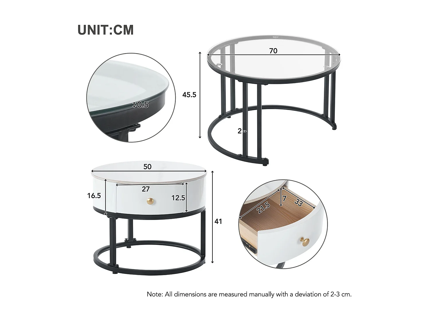Set van 2 in elkaar passende salontafels - ronde tafel, zwart frame, glazen blad en wit gemarmerd leisteen met 1 lade - ø70x45,5+ø50x40cm