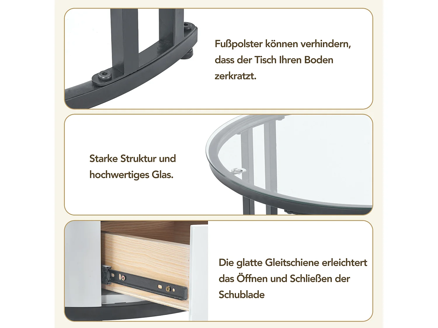 Set van 2 in elkaar passende salontafels - ronde tafel, zwart frame, glazen blad en wit gemarmerd leisteen met 1 lade - ø70x45,5+ø50x40cm