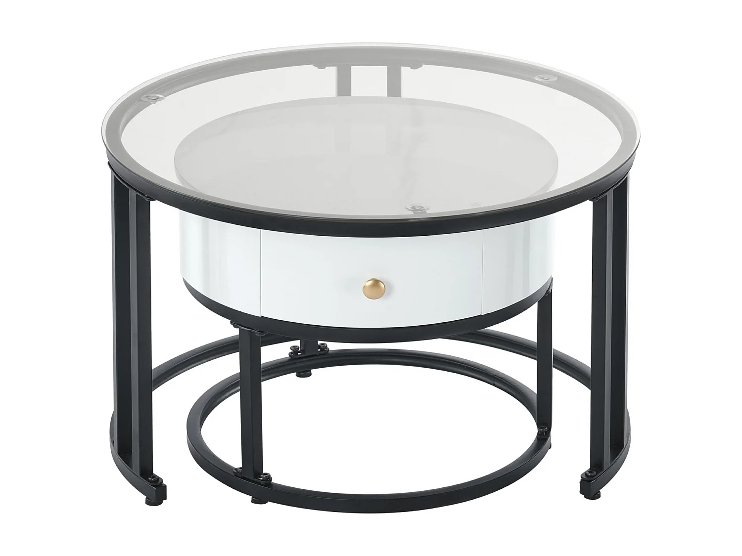 Set van 2 in elkaar passende salontafels - ronde tafel, zwart frame, glazen blad en wit gemarmerd leisteen met 1 lade - ø70x45,5+ø50x40cm