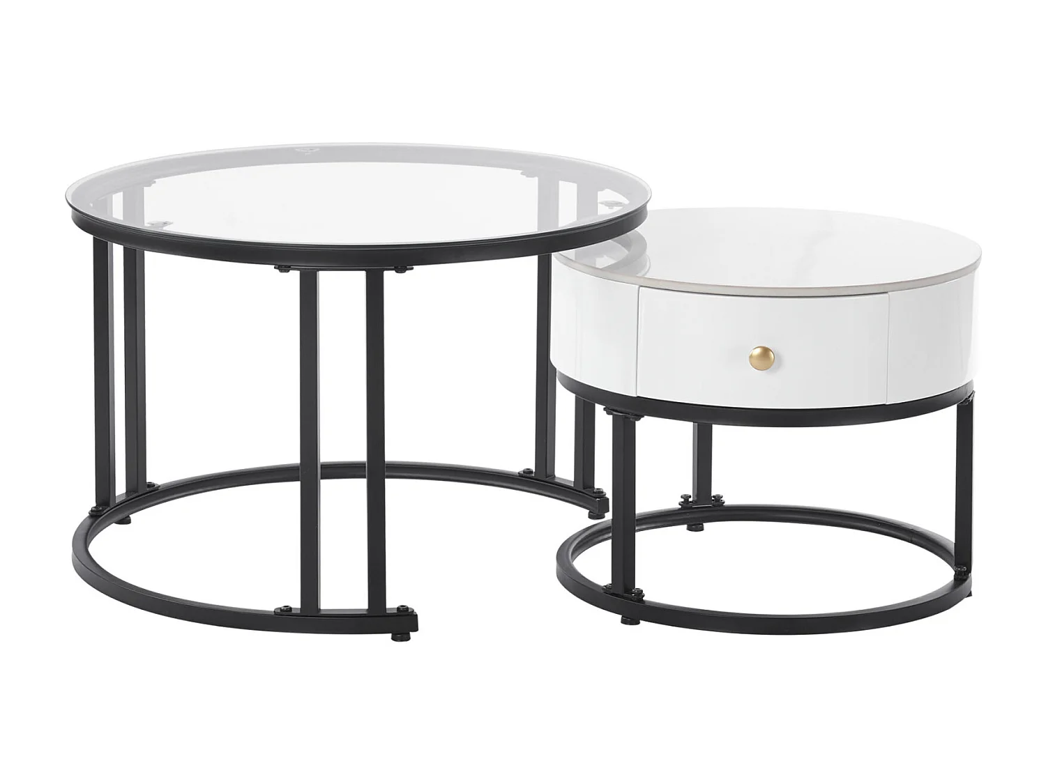 Set van 2 in elkaar passende salontafels - ronde tafel, zwart frame, glazen blad en wit gemarmerd leisteen met 1 lade - ø70x45,5+ø50x40cm