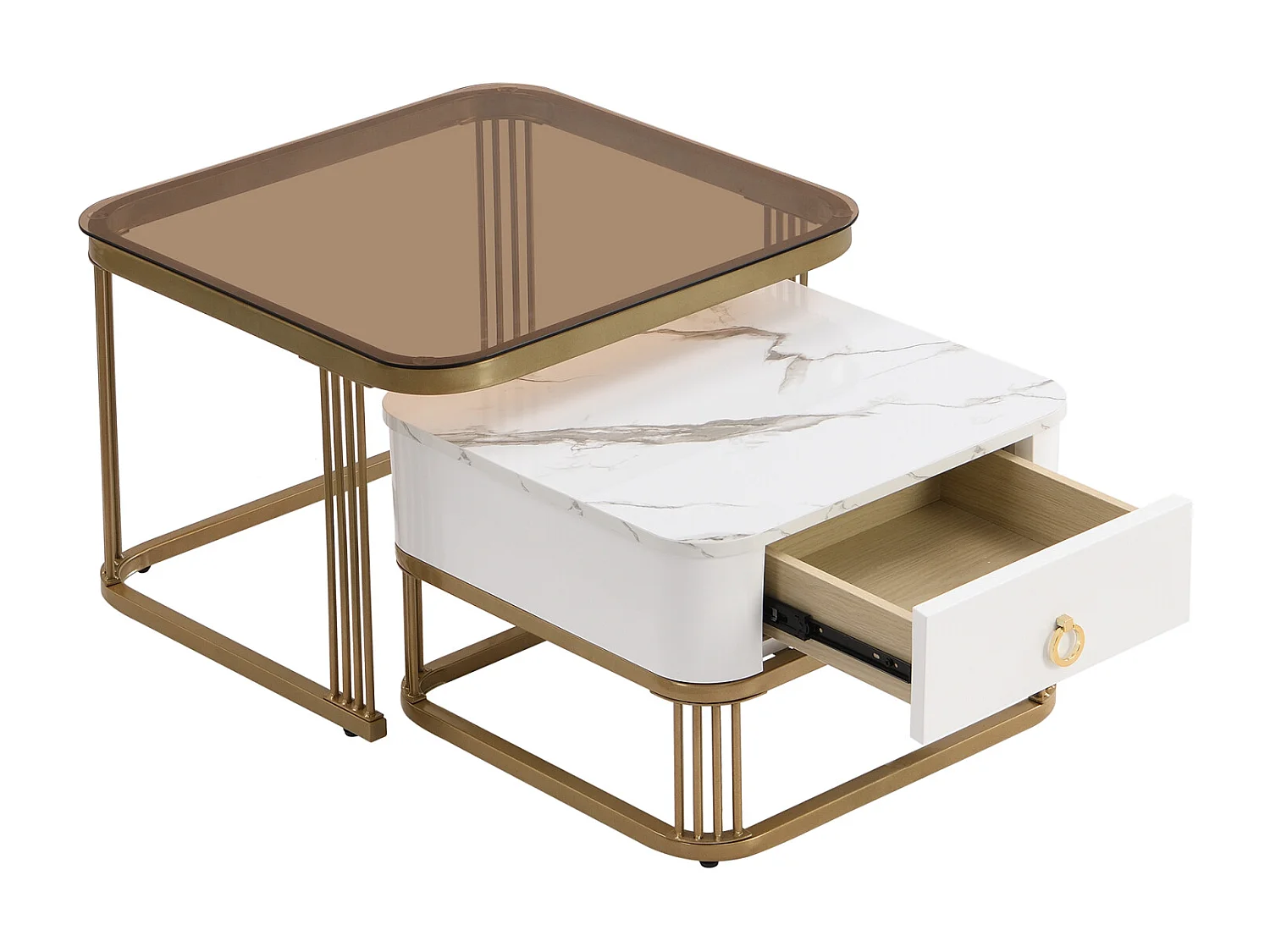 Set van 2 in elkaar passende salontafels, marmerlook en glazen blad, gouden accenten, met 1 lade, 60x60x45cm+50x50x34cm, wit