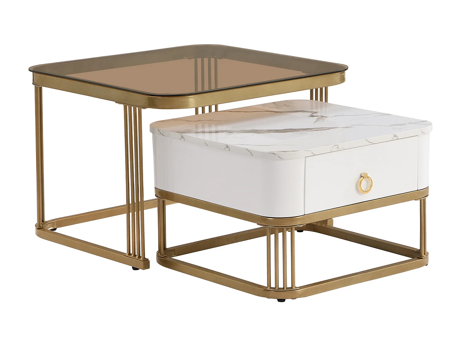 Set van 2 in elkaar passende salontafels, marmerlook en glazen blad, gouden accenten, met 1 lade, 60x60x45cm+50x50x34cm, wit