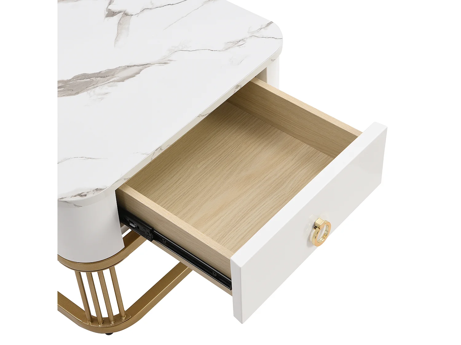 Lot de 2 tables basses gigogne, aspect marbre et plateau en verre, accents dorés, avec 1 tiroir, 60x60x45cm+50x50x34cm, blanc