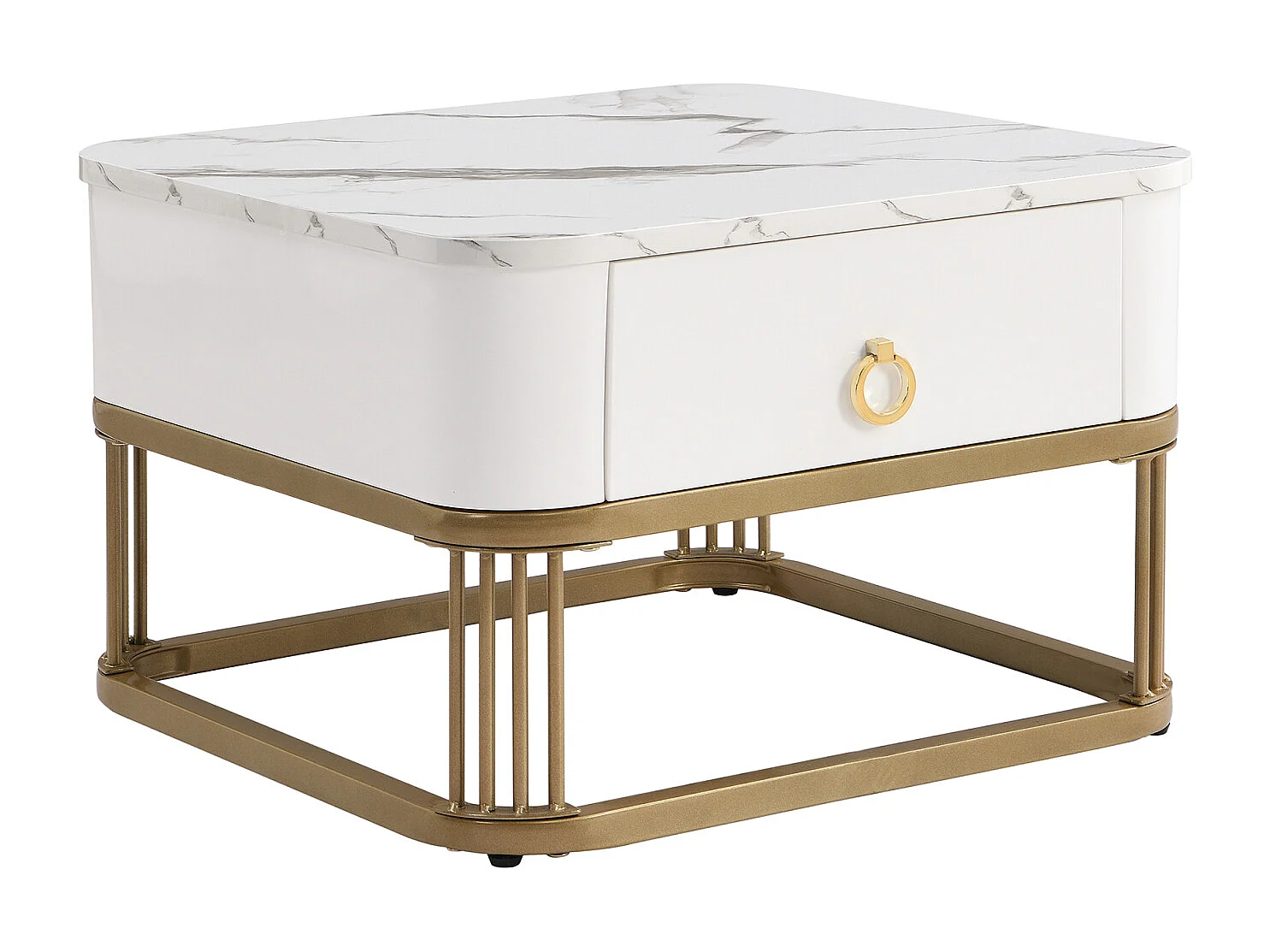 Lot de 2 tables basses gigogne, aspect marbre et plateau en verre, accents dorés, avec 1 tiroir, 60x60x45cm+50x50x34cm, blanc