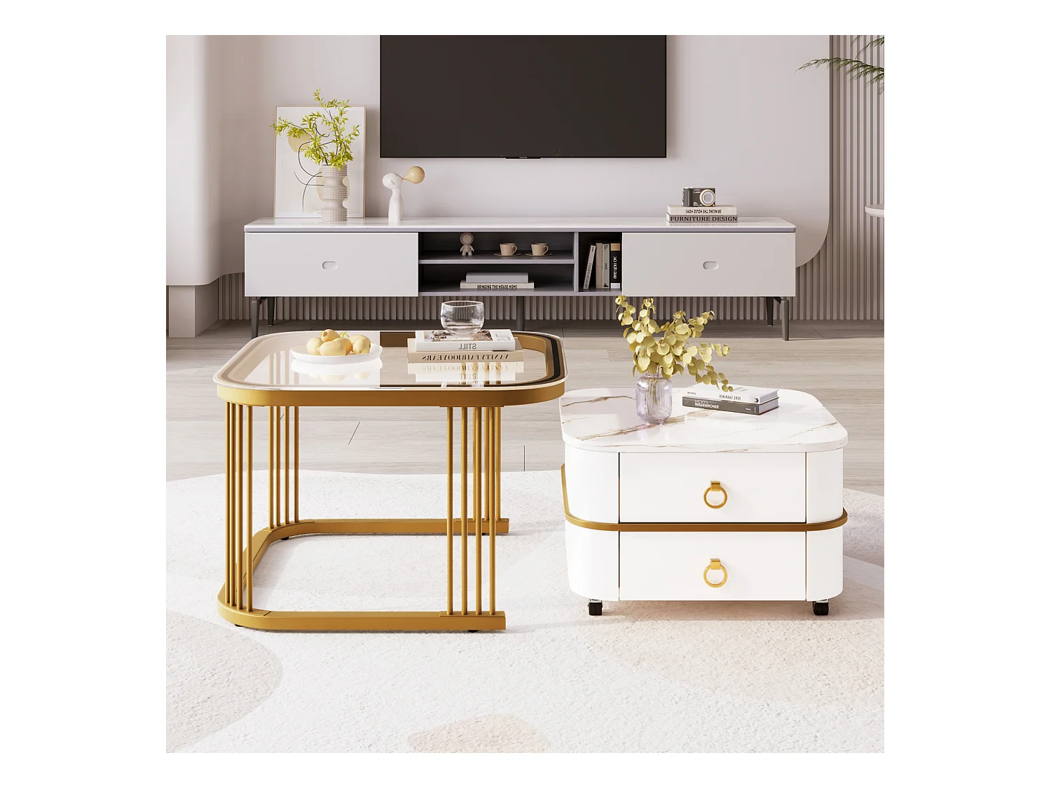 Lot de 2 table basse gigogne, aspect marbre brillant et plateau en verre, accents dorés, avec 2 tiroirs, 60x60x45cm+50x50x34cm, blanc