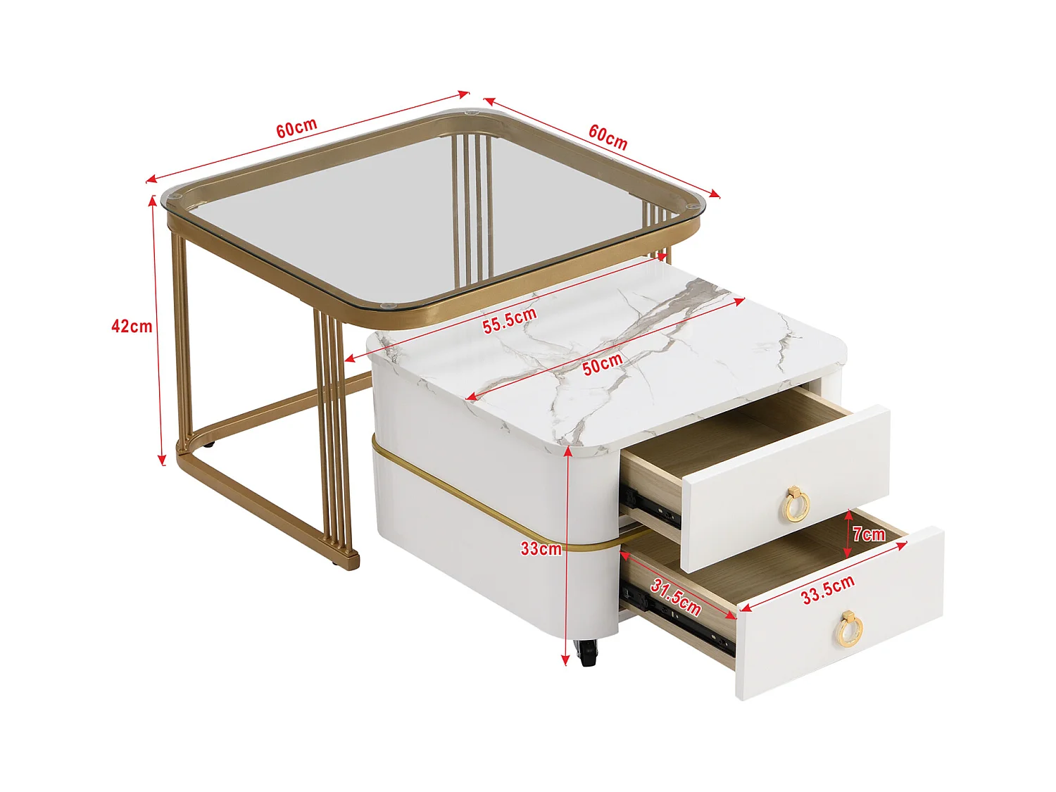 Lot de 2 table basse gigogne, aspect marbre brillant et plateau en verre, accents dorés, avec 2 tiroirs, 60x60x45cm+50x50x34cm, blanc