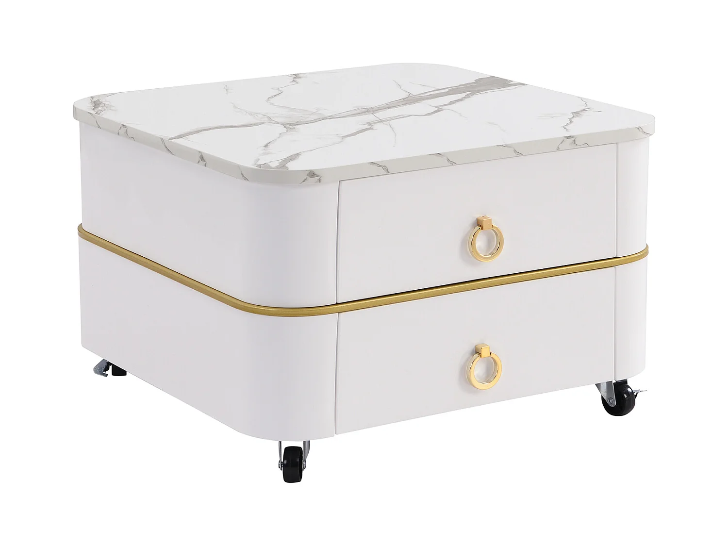 Lot de 2 table basse gigogne, aspect marbre brillant et plateau en verre, accents dorés, avec 2 tiroirs, 60x60x45cm+50x50x34cm, blanc