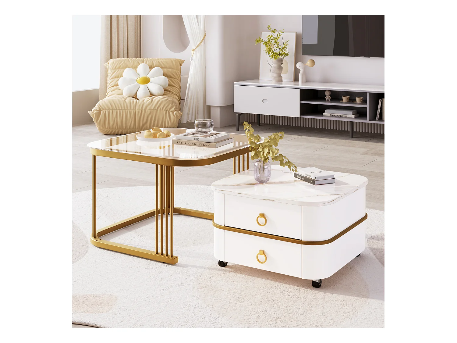 Lot de 2 table basse gigogne, aspect marbre brillant et plateau en verre, accents dorés, avec 2 tiroirs, 60x60x45cm+50x50x34cm, blanc