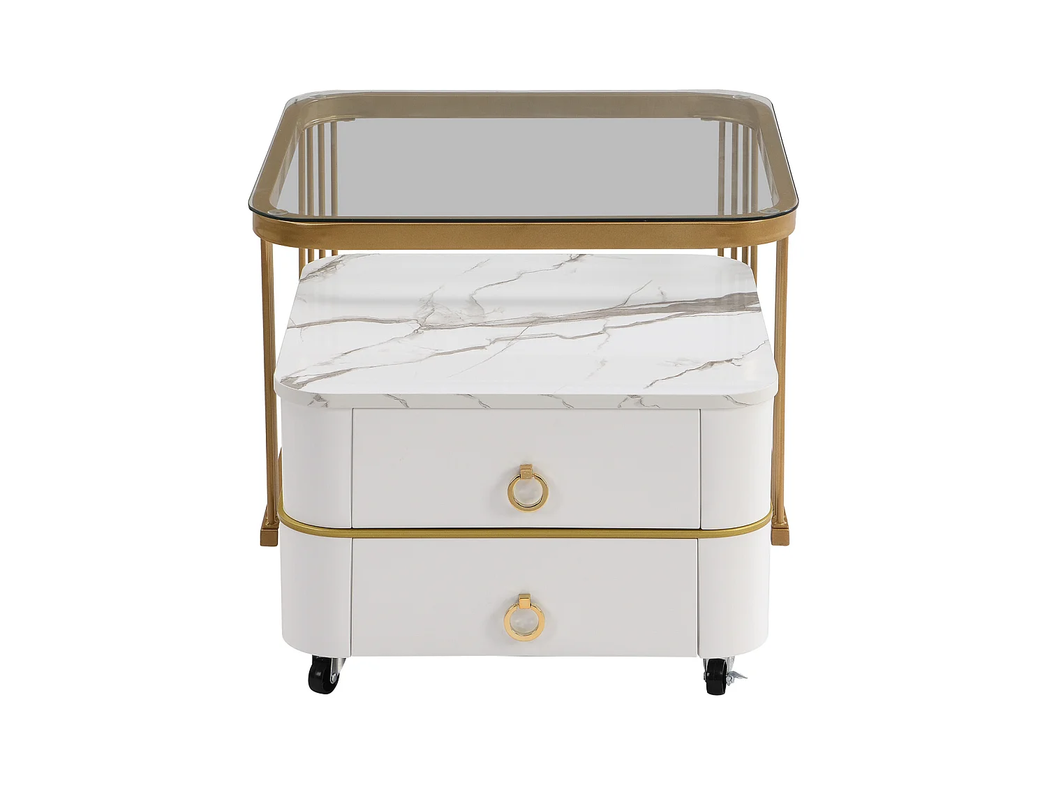 Lot de 2 table basse gigogne, aspect marbre brillant et plateau en verre, accents dorés, avec 2 tiroirs, 60x60x45cm+50x50x34cm, blanc