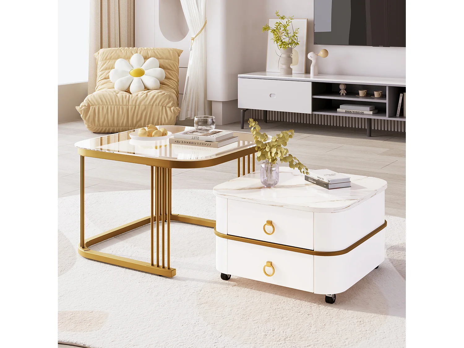 Lot de 2 table basse gigogne, aspect marbre brillant et plateau en verre, accents dorés, avec 2 tiroirs, 60x60x45cm+50x50x34cm, blanc