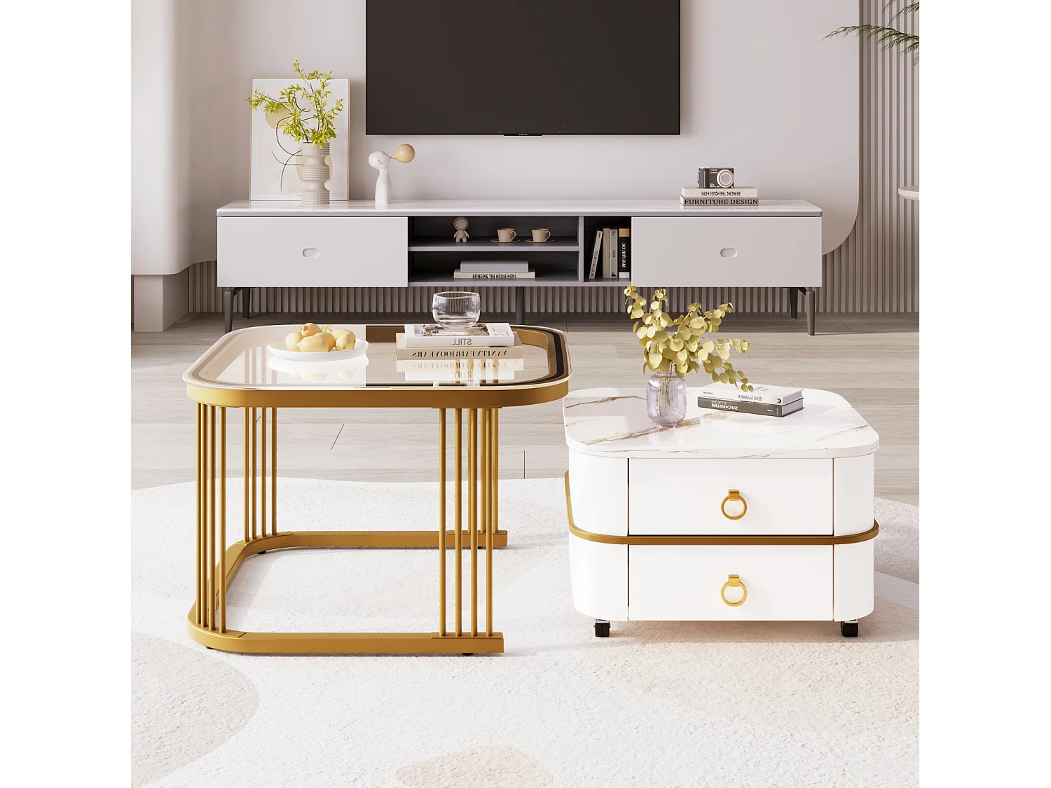 Lot de 2 table basse gigogne, aspect marbre brillant et plateau en verre, accents dorés, avec 2 tiroirs, 60x60x45cm+50x50x34cm, blanc