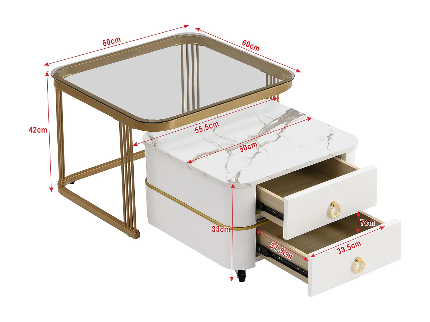 Lot de 2 table basse gigogne, aspect marbre brillant et plateau en verre, accents dorés, avec 2 tiroirs, 60x60x45cm+50x50x34cm, blanc