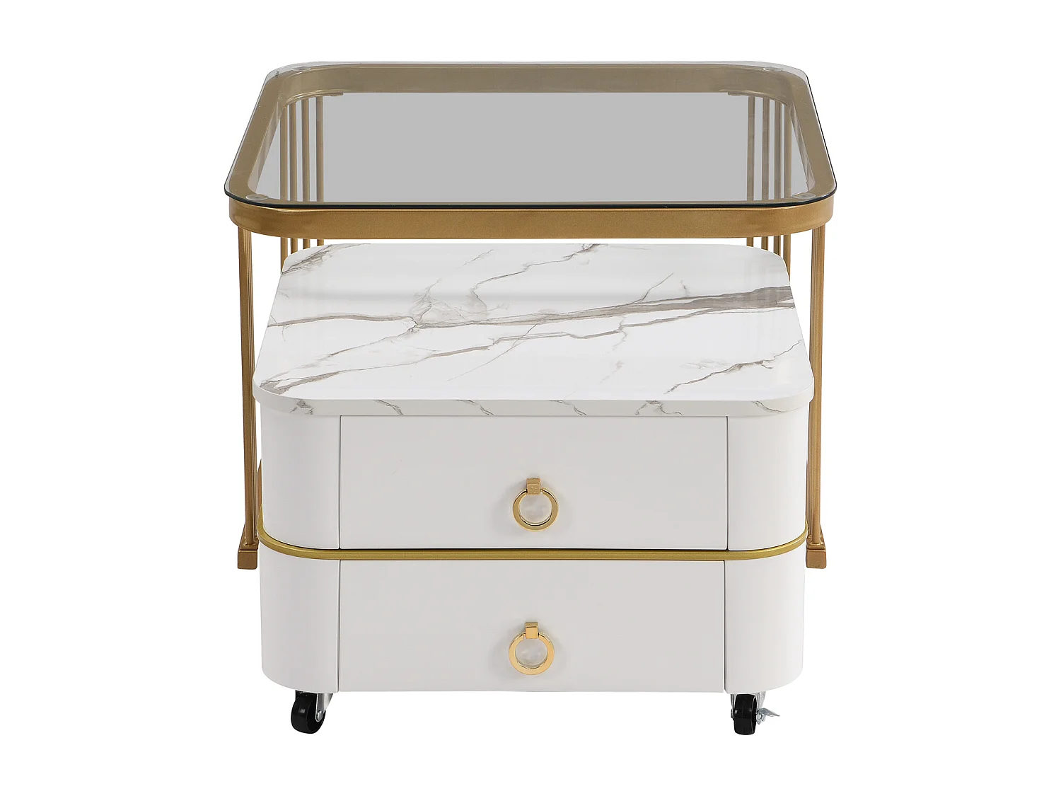 Lot de 2 table basse gigogne, aspect marbre brillant et plateau en verre, accents dorés, avec 2 tiroirs, 60x60x45cm+50x50x34cm, blanc