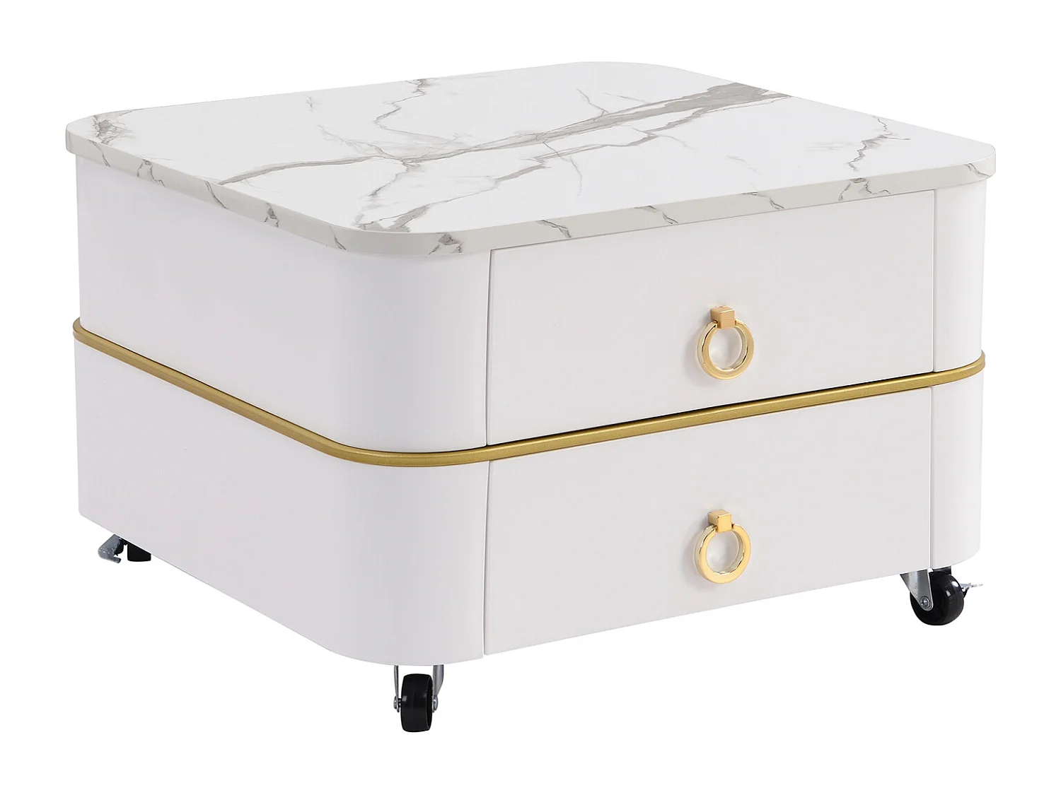 Lot de 2 table basse gigogne, aspect marbre brillant et plateau en verre, accents dorés, avec 2 tiroirs, 60x60x45cm+50x50x34cm, blanc