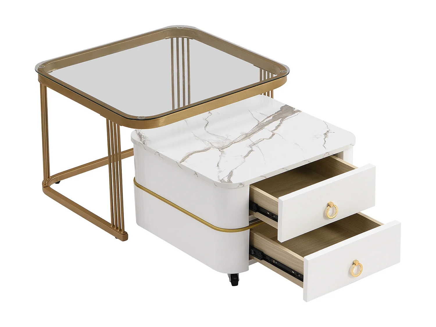 Lot de 2 table basse gigogne, aspect marbre brillant et plateau en verre, accents dorés, avec 2 tiroirs, 60x60x45cm+50x50x34cm, blanc