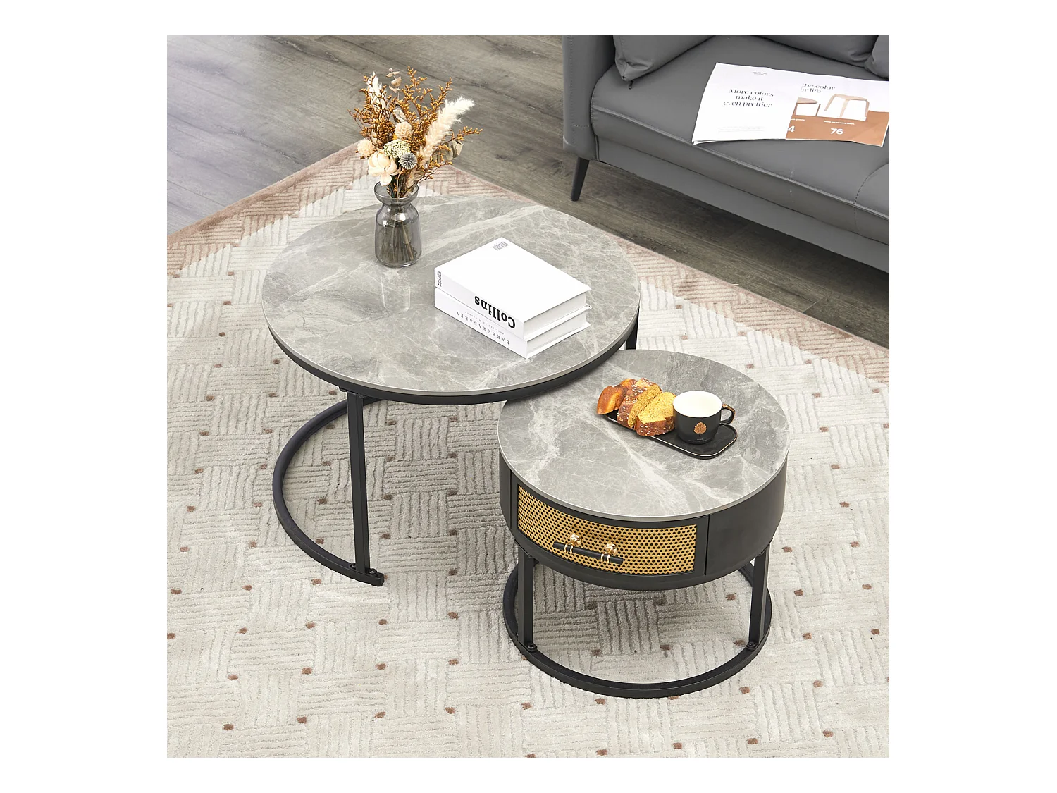 Lot de 2 table basse gigogne - table ronde avec plateau en marbre gris et 1 tiroirs en bois massif - ø70x45.5+ø50x40cm - noir