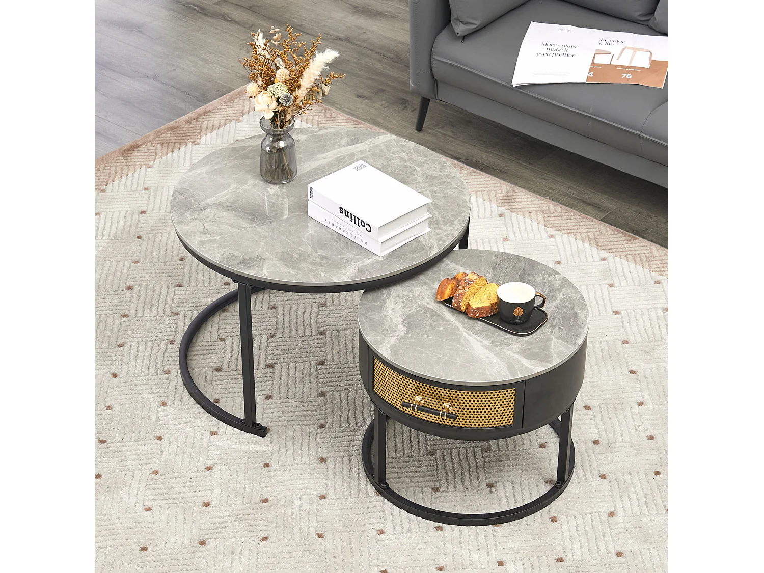 Lot de 2 table basse gigogne - table ronde avec plateau en marbre gris et 1 tiroirs en bois massif - ø70x45.5+ø50x40cm - noir