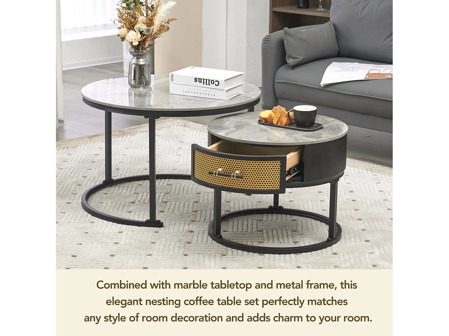 Lot de 2 table basse gigogne - table ronde avec plateau en marbre gris et 1 tiroirs en bois massif - ø70x45.5+ø50x40cm - noir