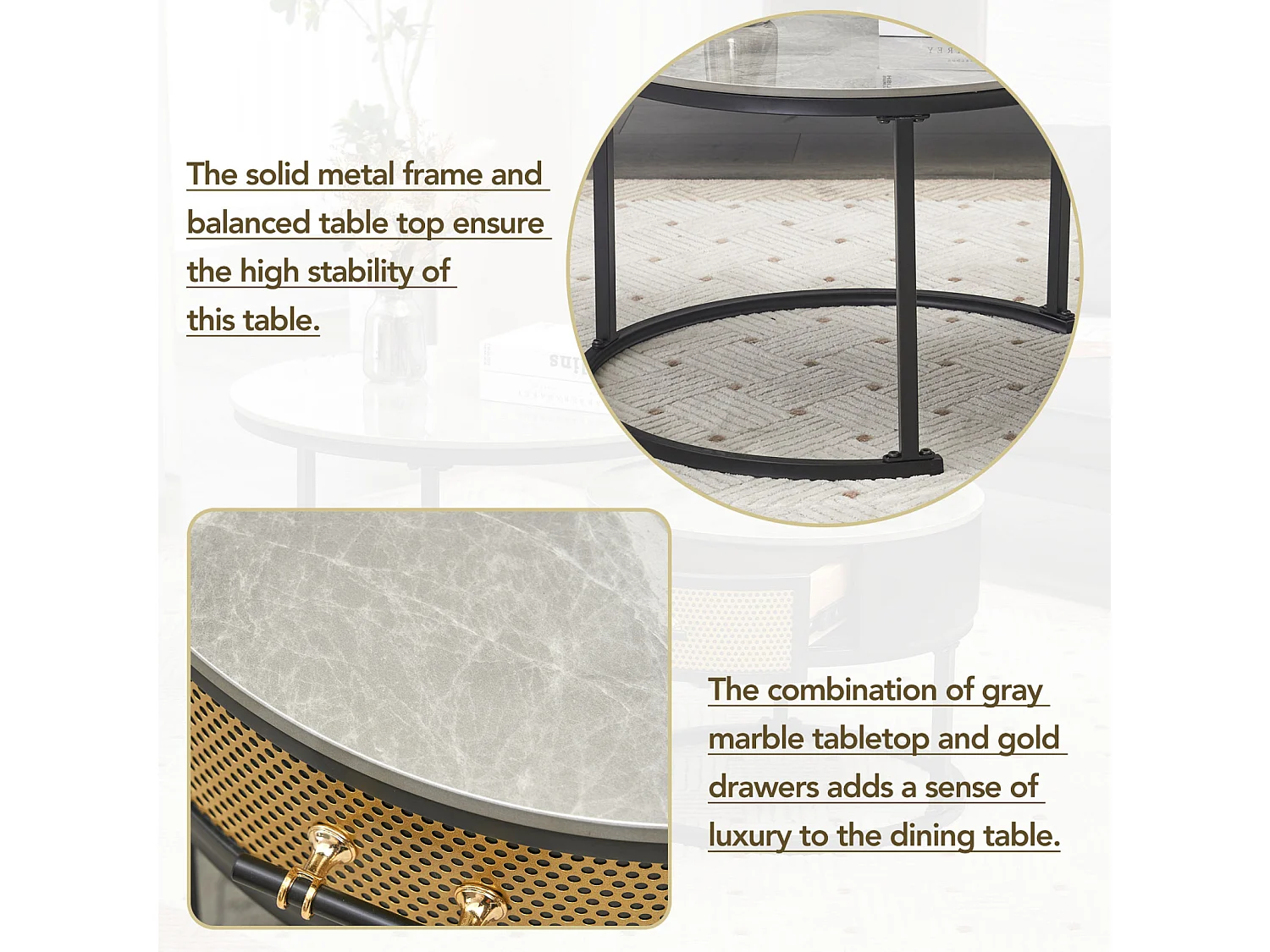 Lot de 2 table basse gigogne - table ronde avec plateau en marbre gris et 1 tiroirs en bois massif - ø70x45.5+ø50x40cm - noir