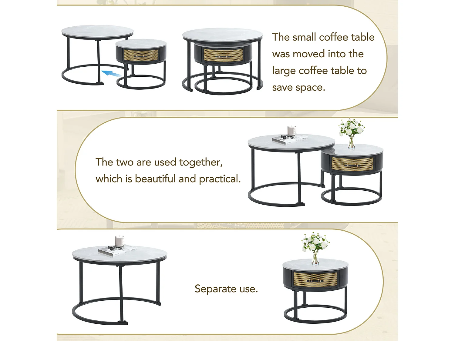 Lot de 2 table basse gigogne - table ronde avec plateau en marbre gris et 1 tiroirs en bois massif - ø70x45.5+ø50x40cm - noir