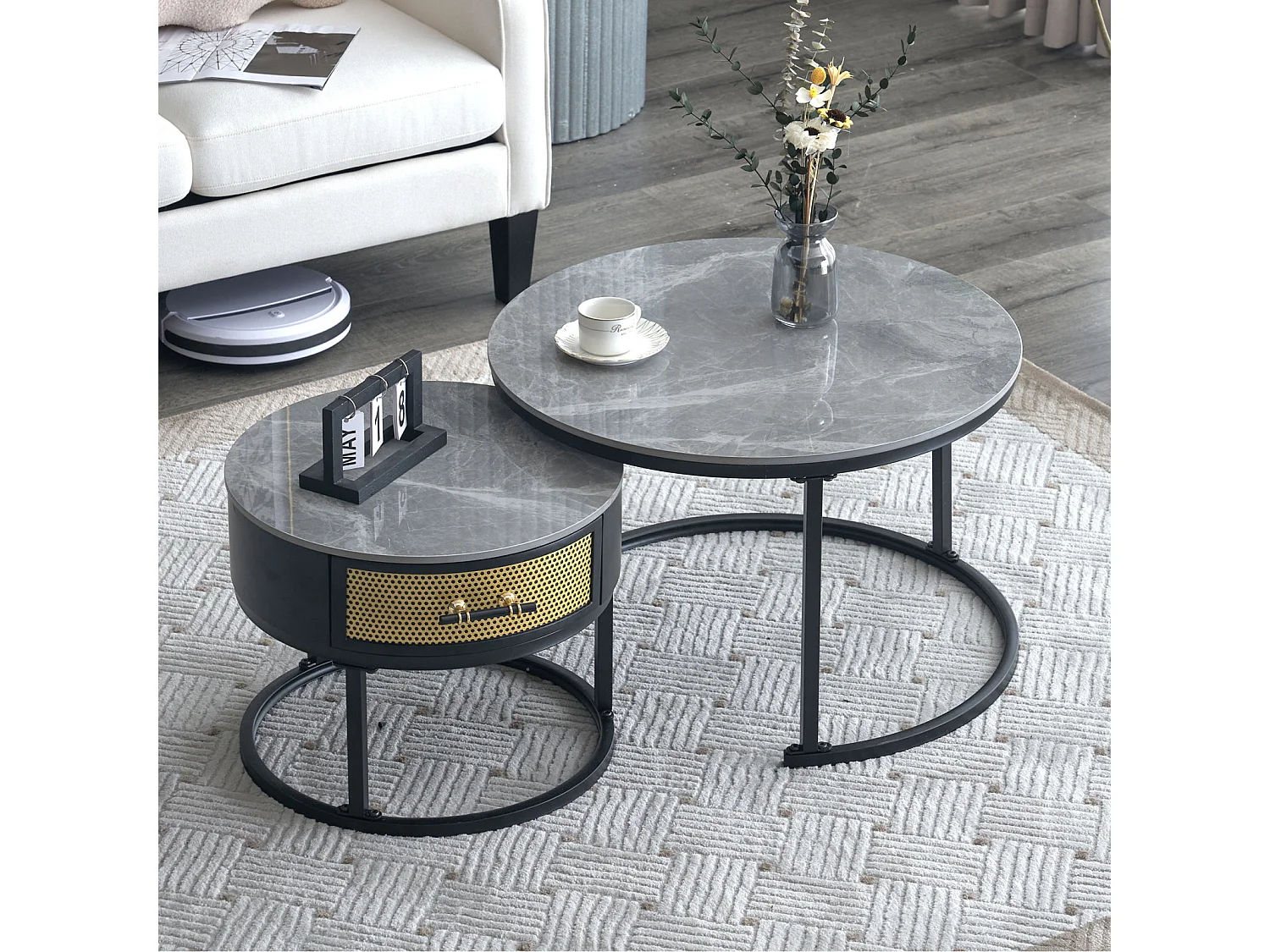 Lot de 2 table basse gigogne - table ronde avec plateau en marbre gris et 1 tiroirs en bois massif - ø70x45.5+ø50x40cm - noir