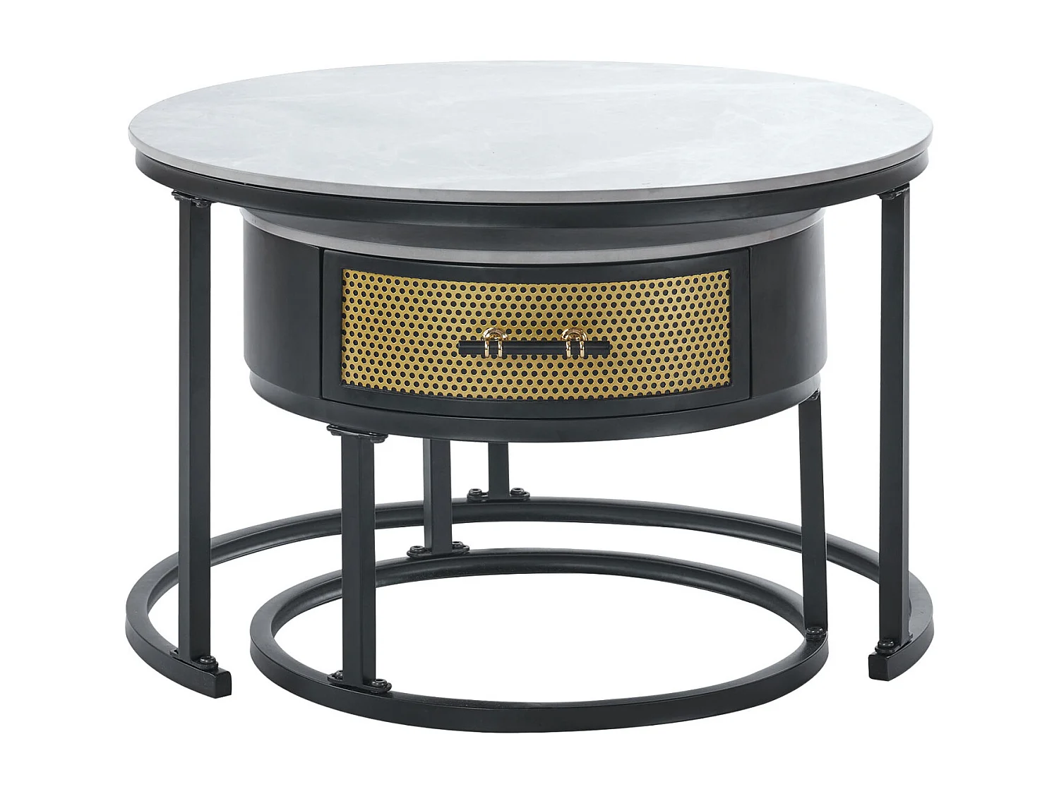 Lot de 2 table basse gigogne - table ronde avec plateau en marbre gris et 1 tiroirs en bois massif - ø70x45.5+ø50x40cm - noir