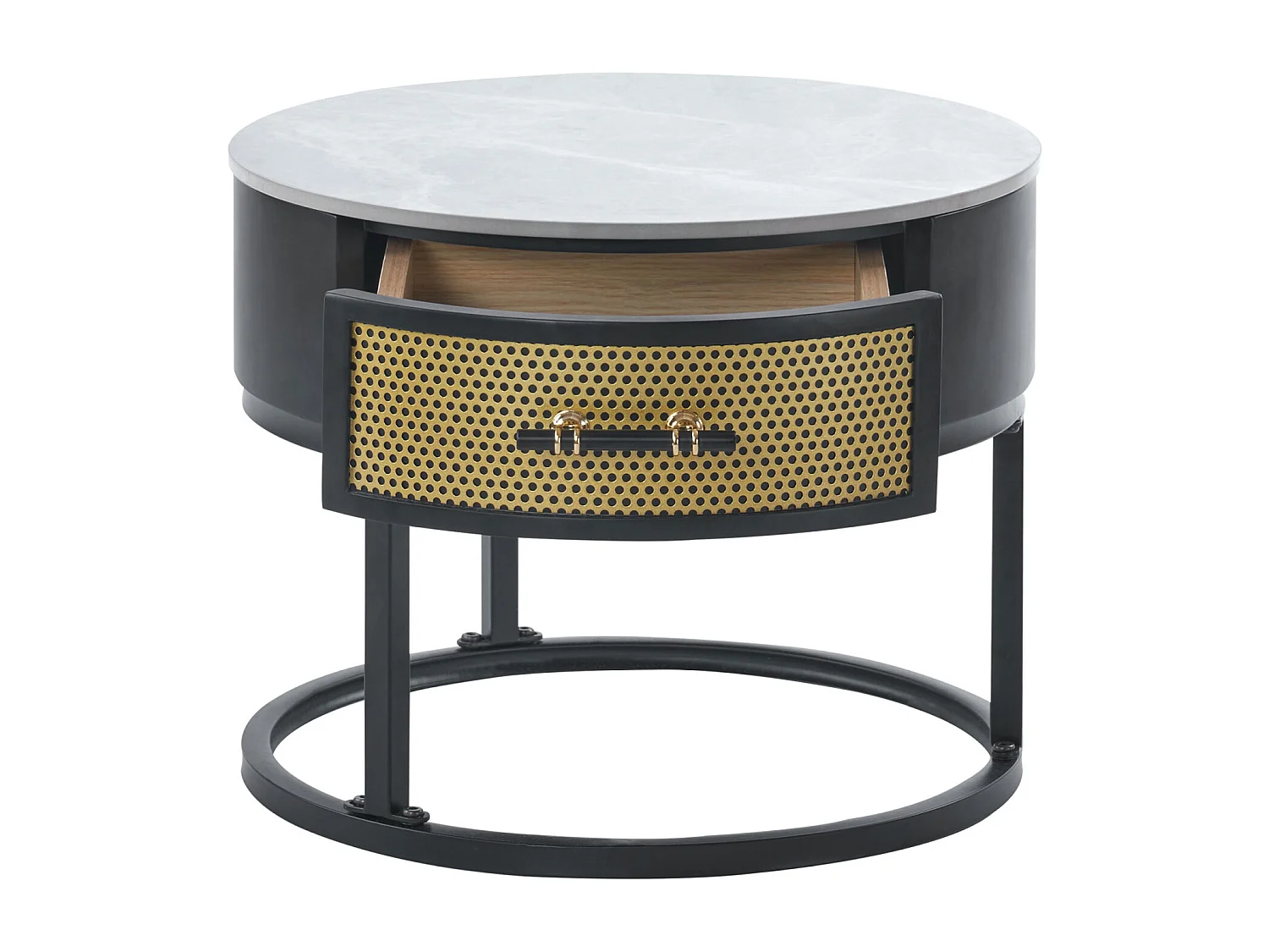 Lot de 2 table basse gigogne - table ronde avec plateau en marbre gris et 1 tiroirs en bois massif - ø70x45.5+ø50x40cm - noir