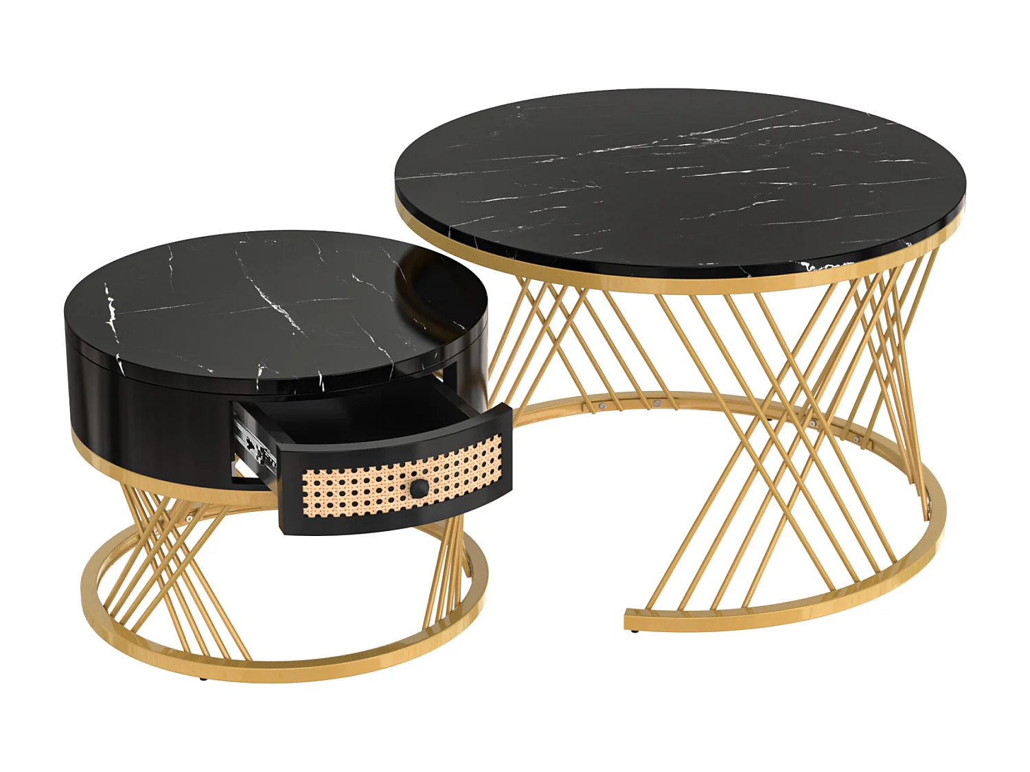 Juego de 2 mesas de centro redondas apilables, mesa auxiliar con tablero de mármol y cajones de ratán, patas de hierro dorado - 70x70x45,5 + 50x50x38,5cm Negro